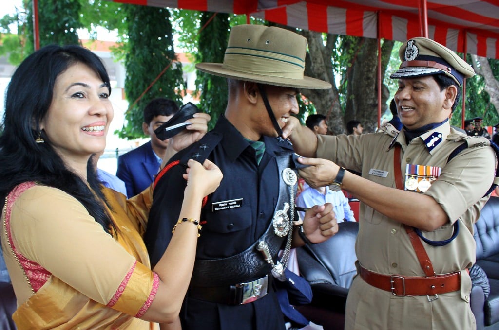 ADGP (WELFARE), TAMIL NADU KC MAHALI ALONG WITH HIS WIFE AND SON DIKSHANTH MAHALI AT THE PIPPING CEREMONY OF CENTENNIAL PASSING OUT PARADE AT THE OFFICERS TRAINING ACADEMY, CHENNAI ON SATURDAY. EXPRESS/ MARTIN LOUIS. RAM STORY.