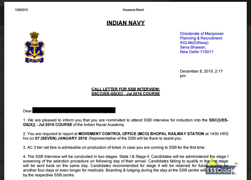 Indian Navy UES Call Letter 2016