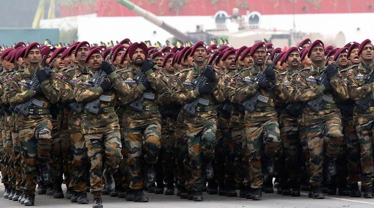 Indian Army soldiers display their skills as they take part in a combat demonstration during Army Day in New Delhi on Friday. EXPRESS PHOTO BY PRAVEEN KHANNA 15 01 2016.