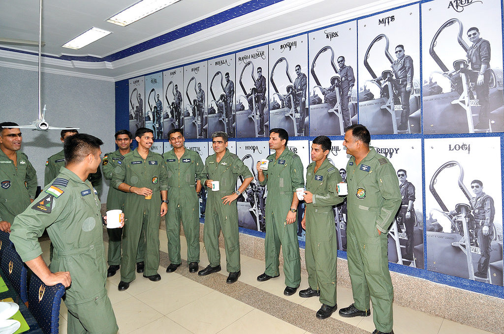 Fighter pilots in Aircrew room enjoying the coffee