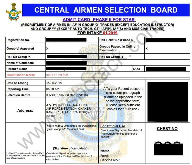 IAF Airmen Phase 2 admit card