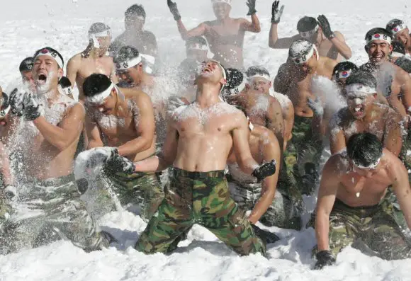 South Korean Soldiers Playing Shirtless in Snow