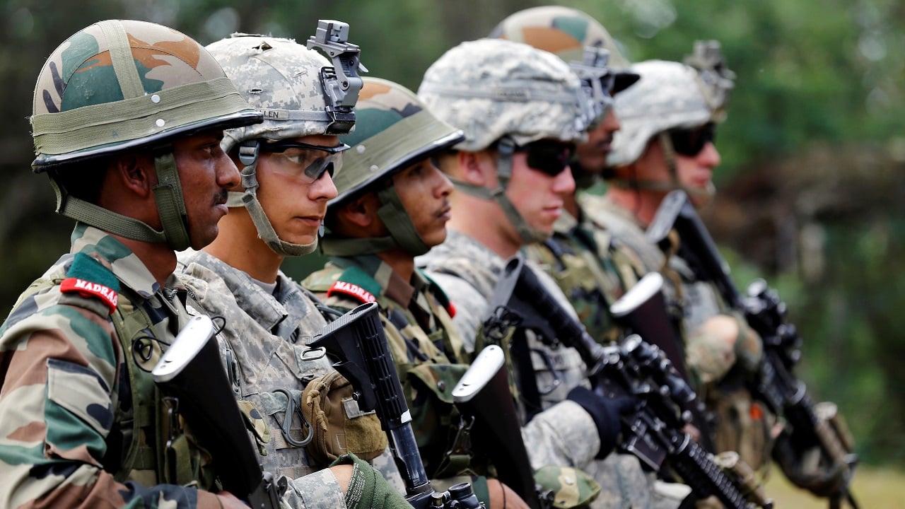 Indian and U.S. army soldiers take part in an Indo-US army joint combat exercise in Ranikhet, in the Himalayan state of Uttarakhand