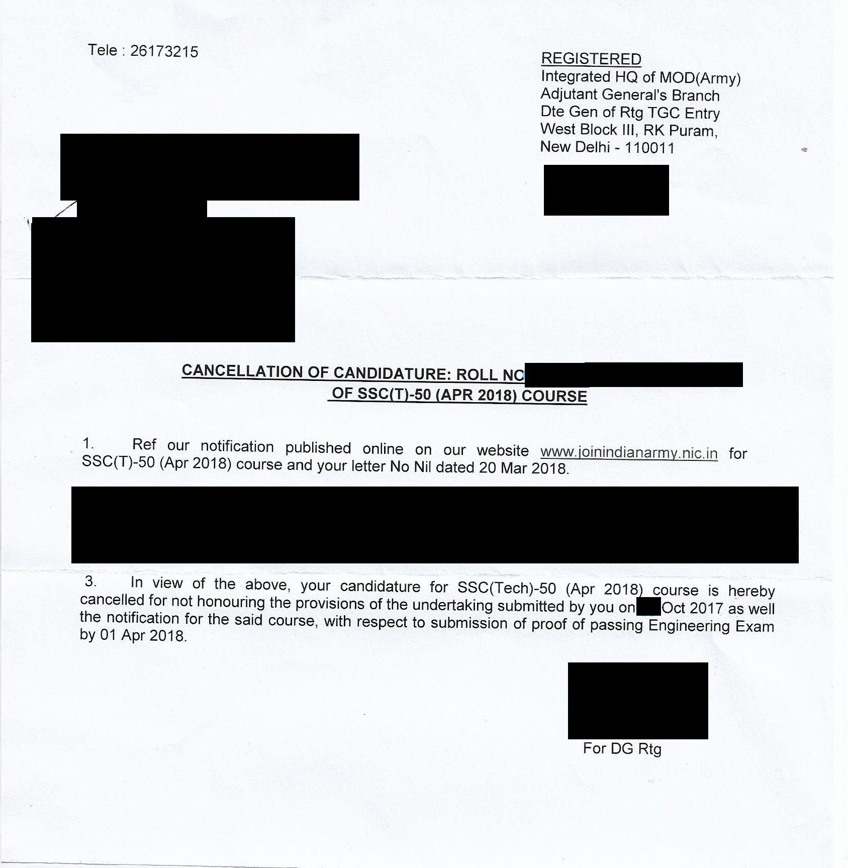 Candidature cancellation letter
