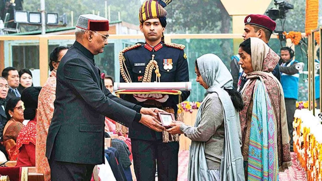 Corporal Jyoti Prakash Nirala's widow and mother received the Ashok Chakra awarded to him posthumously during the Republic Day Parade 2018