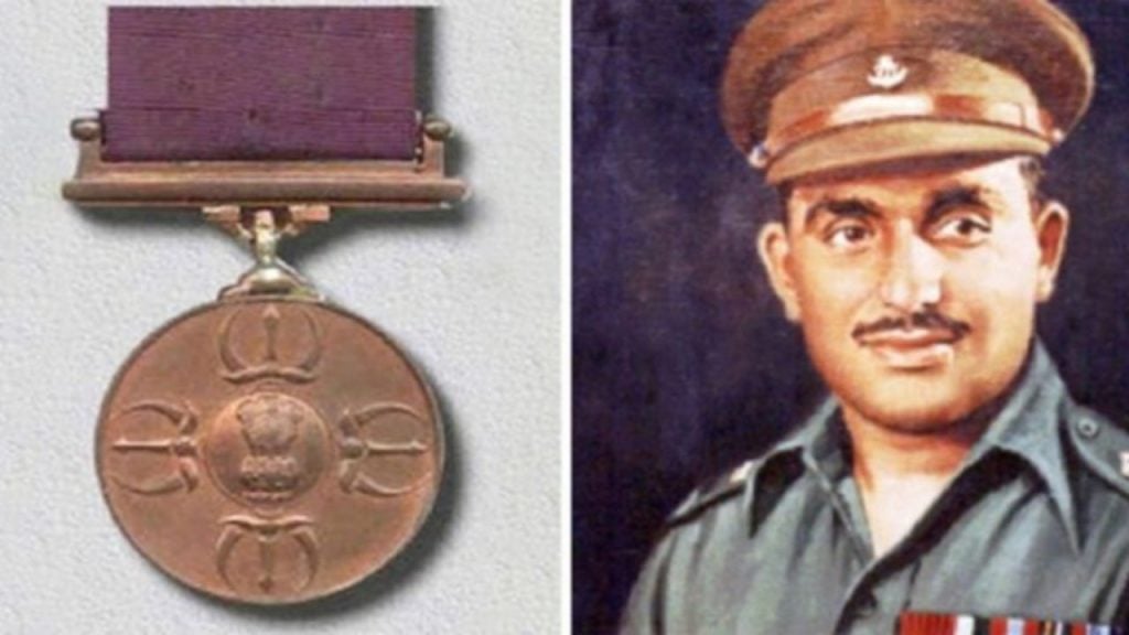 Picture of the PVC on the left with an image of Major Somnath Sharma the first recipient of the war time award on the left