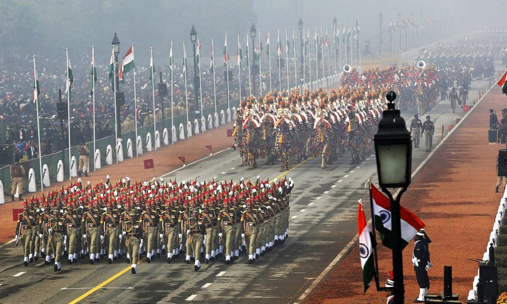 Indian security forces marching during the 67th Republic day parade