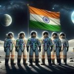 DALL·E 2024 02 27 16.25.30 A group of Indian astronauts standing proudly on the moons surface draped in their space suits with vibrant patches representing ISRO the Indian sp