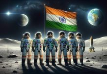 DALL·E 2024 02 27 16.25.30 A group of Indian astronauts standing proudly on the moons surface draped in their space suits with vibrant patches representing ISRO the Indian sp