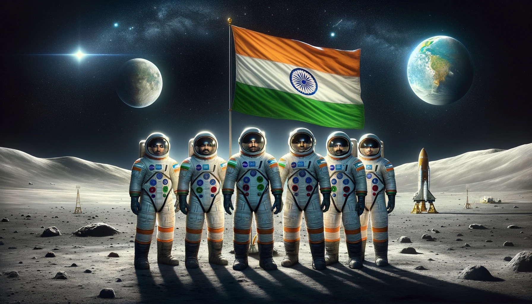 DALL·E 2024 02 27 16.25.30 A group of Indian astronauts standing proudly on the moons surface draped in their space suits with vibrant patches representing ISRO the Indian sp