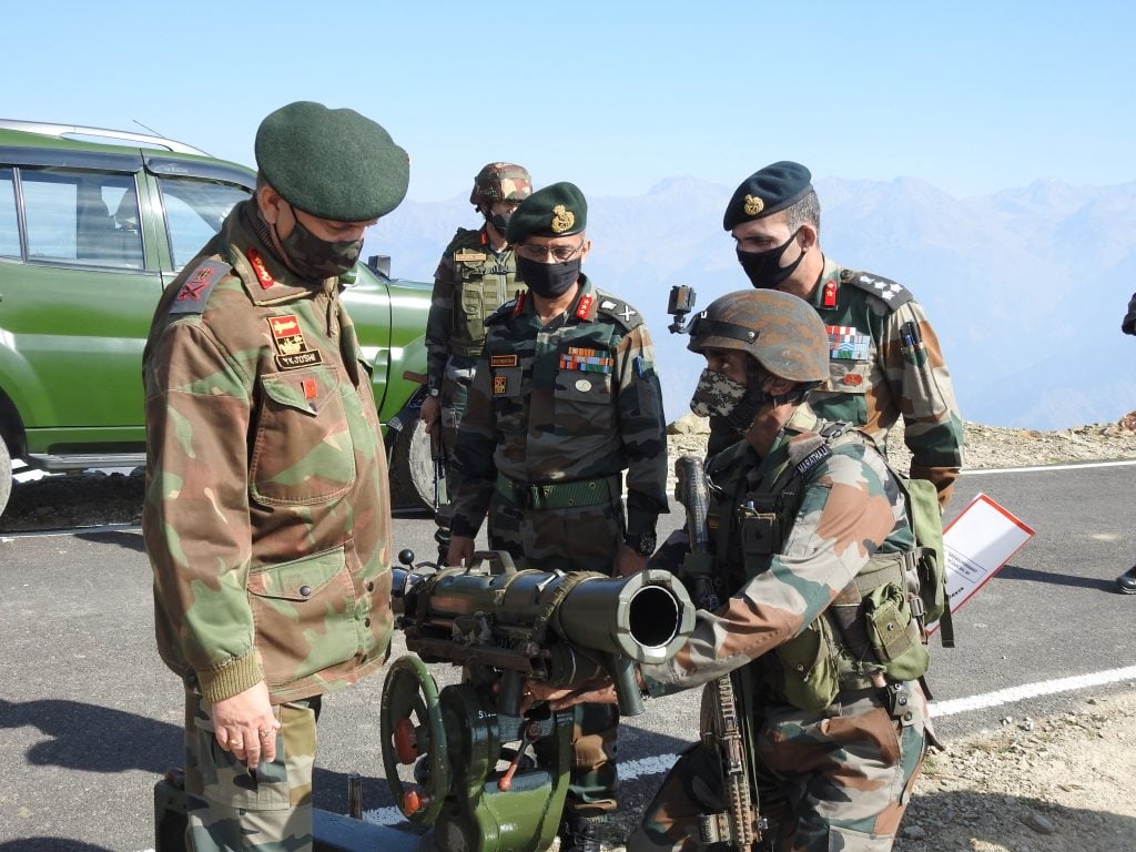 Indian Army soldier show Lt Gen Joshi a Mounted Carl Gustaf.