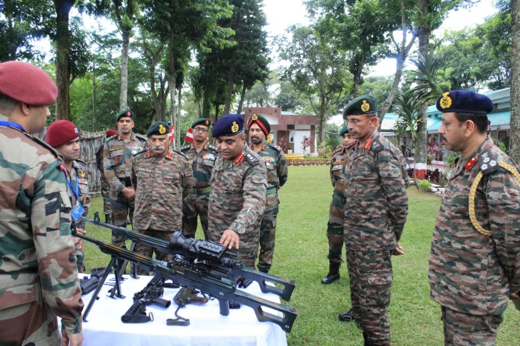 General Manoj Pande COAS reviewing Para SF weapons which includes Pika GPMGs with Israeli New Noga Light LI-OR X3, Romanian Pm Md 90 (AIMS) and an M4A1 Carbine during a operational preparedness demonstration.