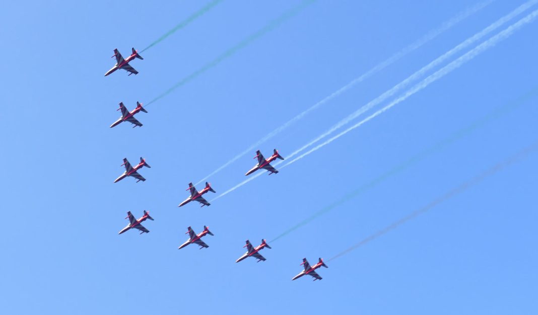 Suryakiran Aerobatic Team Delights Hyderabad with Thrilling Air Show over Hussain Sagar Lake